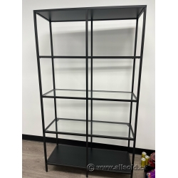 Wide Black Metal Display Stand Bookcase with Glass Shelves